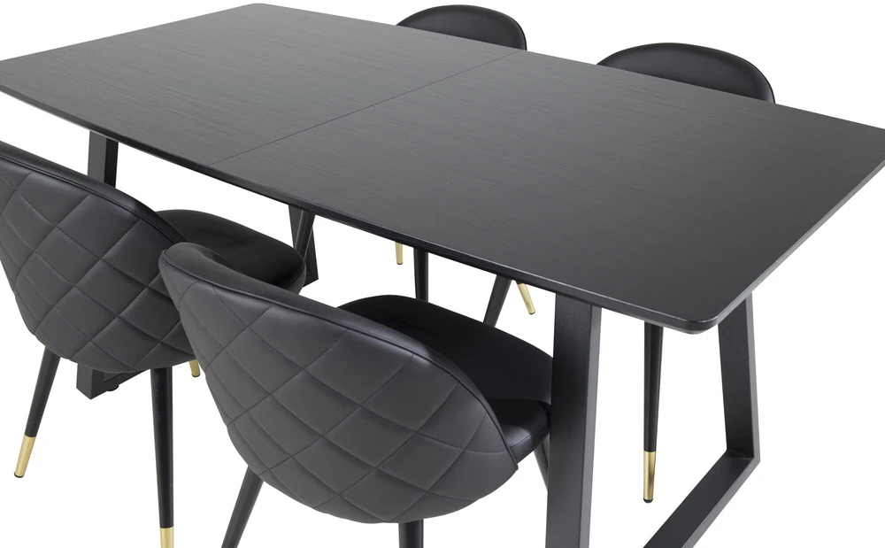 Venture Design Valgomojo stalas, Inca pratęsimas, 75x160x85 cm, Juodas / Valgomasis kėdė, Samtinė su siūlėmis, 57x76.5x50 cm, Juoda