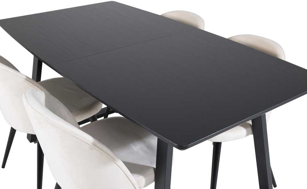 Venture Design Valgomojo stalas, Inca pratęsimas, 75x160x85 cm, Juodas, Valgomasis kėdė, Velvečiaus, 57x76.5x50 cm, kreminė.