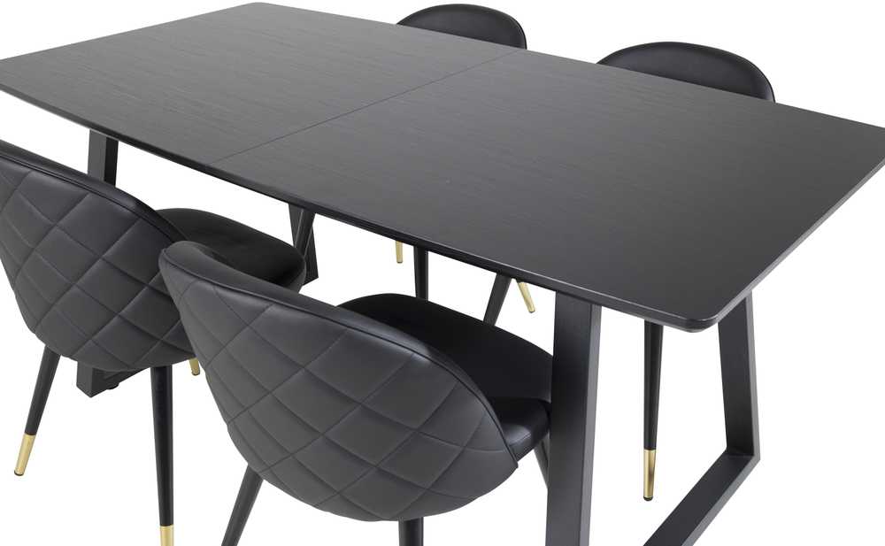 Venture Design Valgomojo stalas, Inca pratęsimas, 75x160x85 cm, Juodas / Valgomasis kėdė, Samtinė su siūlėmis, 57x76.5x50 cm, Juoda