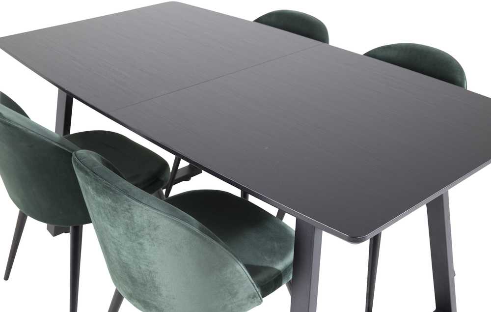 Venture Design Valgomojo stalas, Inca pratęsimas, 75x160x85 cm, Juodas, Veltinio valgomasis kėdė, 57x76.5x50 cm, Žalias