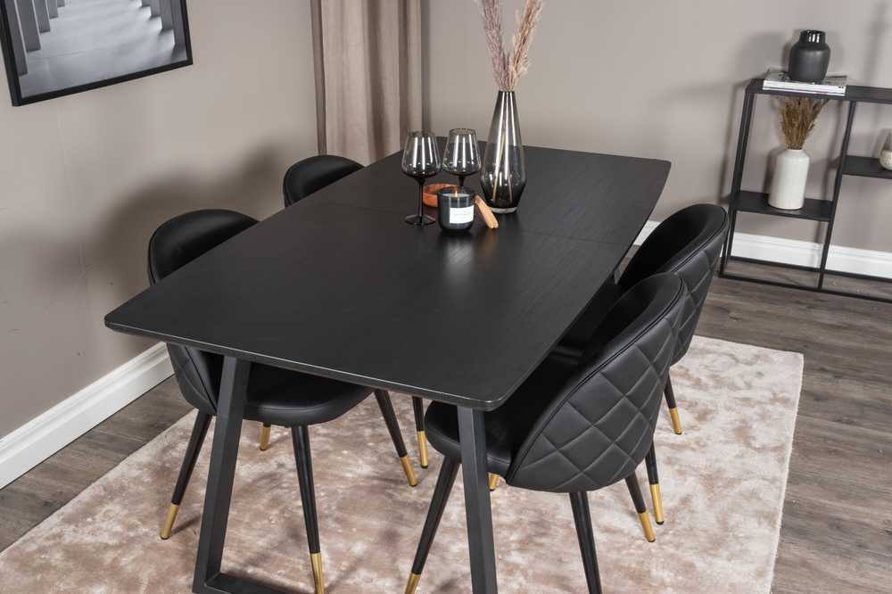 Venture Design Valgomojo stalas, Inca pratęsimas, 75x160x85 cm, Juodas / Valgomasis kėdė, Samtinė su siūlėmis, 57x76.5x50 cm, Juoda