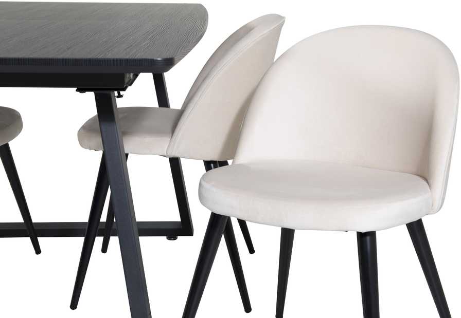 Venture Design Valgomojo stalas, Inca pratęsimas, 75x160x85 cm, Juodas, Valgomasis kėdė, Velvečiaus, 57x76.5x50 cm, kreminė.