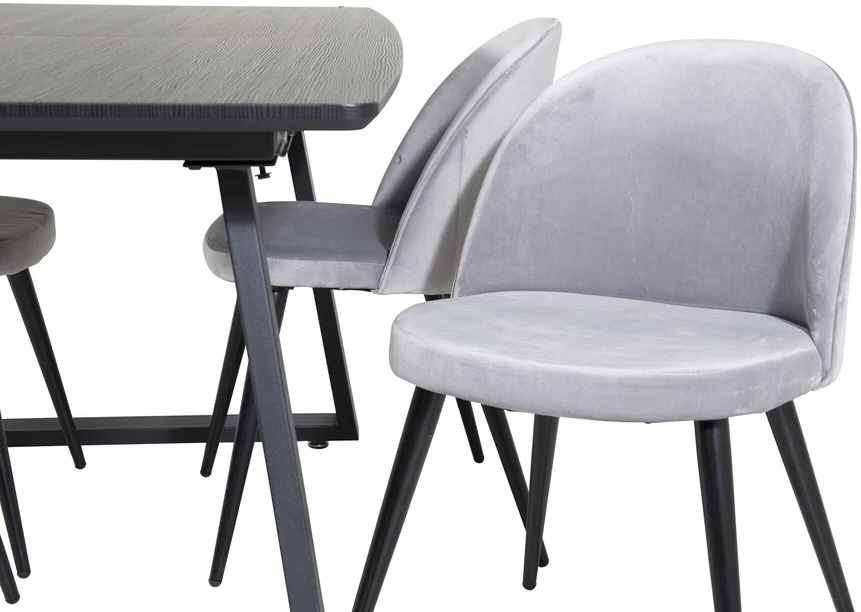 Venture Design Valgomojo stalas, Inca pratęsimas, 75x160x85 cm, Juodas, Valgomasis kėdė, Velvetas, 57x76.5x50 cm, Šviesiai pilka