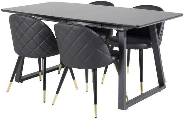 Venture Design Valgomojo stalas, Inca pratęsimas, 75x160x85 cm, Juodas / Valgomasis kėdė, Samtinė su siūlėmis, 57x76.5x50 cm, Juoda