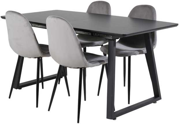 Venture Design Valgomojo stalas, Inka, 75x160x85 cm, Juodas, Valgomasis kėdė, Polaris, 53.3x88x42.5 cm, Šviesiai pilka