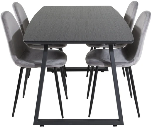 Venture Design Valgomojo stalas, Inka, 75x160x85 cm, Juodas, Valgomasis kėdė, Polaris, 53.3x88x42.5 cm, Šviesiai pilka