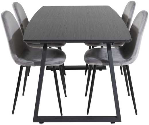 Venture Design Valgomojo stalas, Inka, 75x160x85 cm, Juodas, Valgomasis kėdė, Polaris, 53.3x88x42.5 cm, Šviesiai pilka