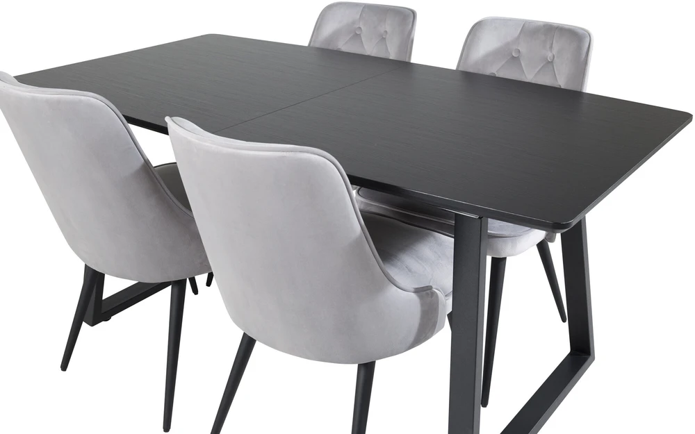 Venture Design Valgomojo stalas, Inka ištraukiamas stalas, 75x160x85 cm, Juodas + kėdė, Velve Deluxe, Šviesiai pilka