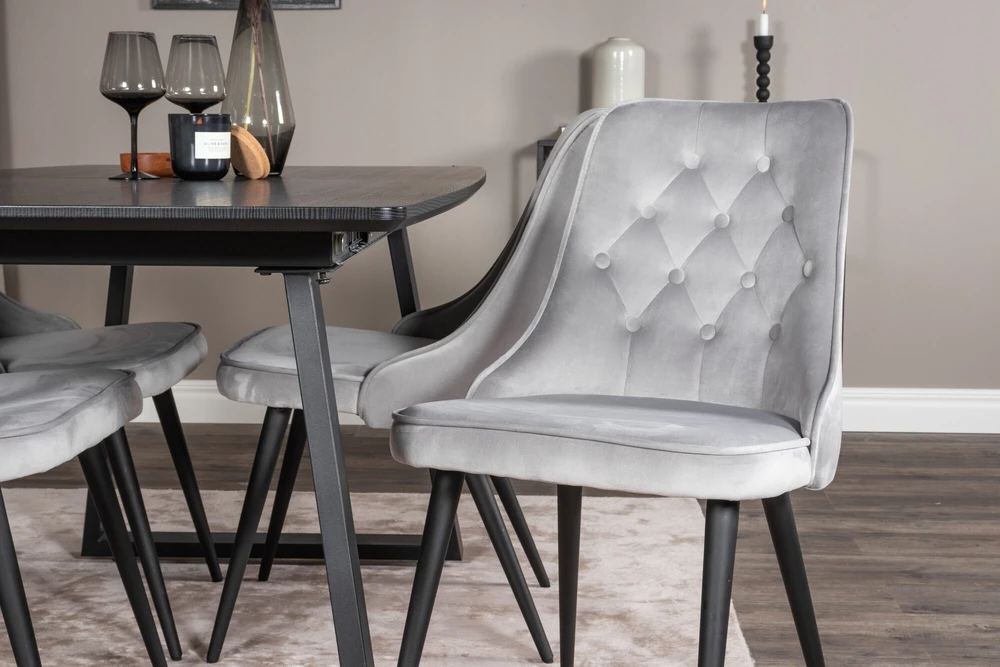 Venture Design Valgomojo stalas, Inka ištraukiamas stalas, 75x160x85 cm, Juodas + kėdė, Velve Deluxe, Šviesiai pilka