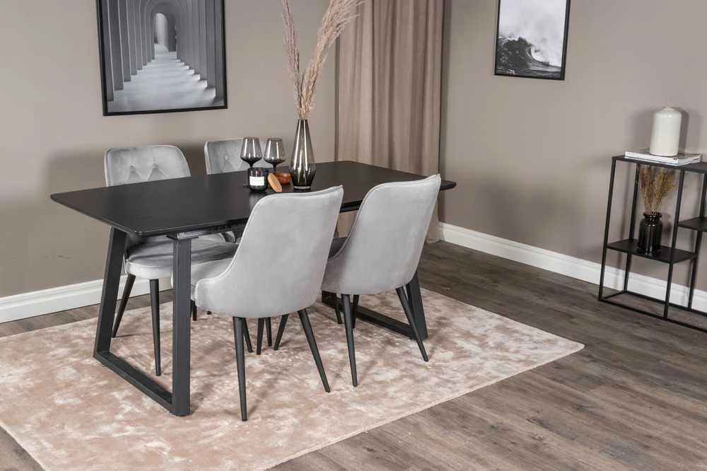 Venture Design Valgomojo stalas, Inka ištraukiamas stalas, 75x160x85 cm, Juodas + Valgomasis kėdė, Velve Deluxe, 66x88.5x50 cm, Šviesiai pilka