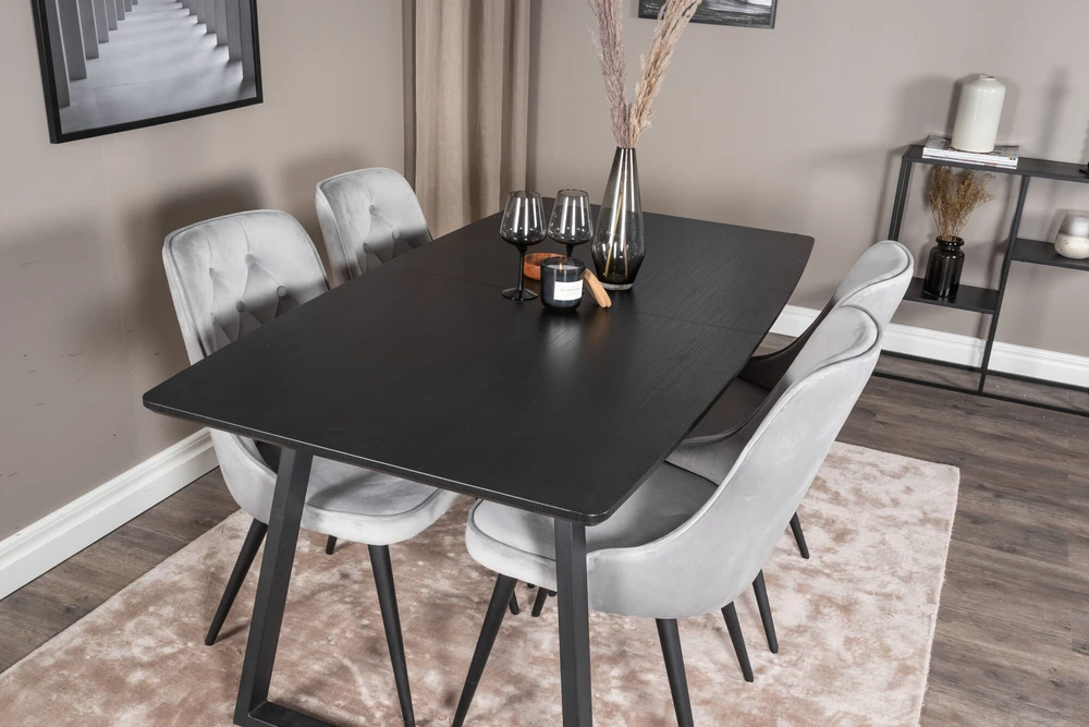 Venture Design Valgomojo stalas, Inka ištraukiamas stalas, 75x160x85 cm, Juodas + kėdė, Velve Deluxe, Šviesiai pilka
