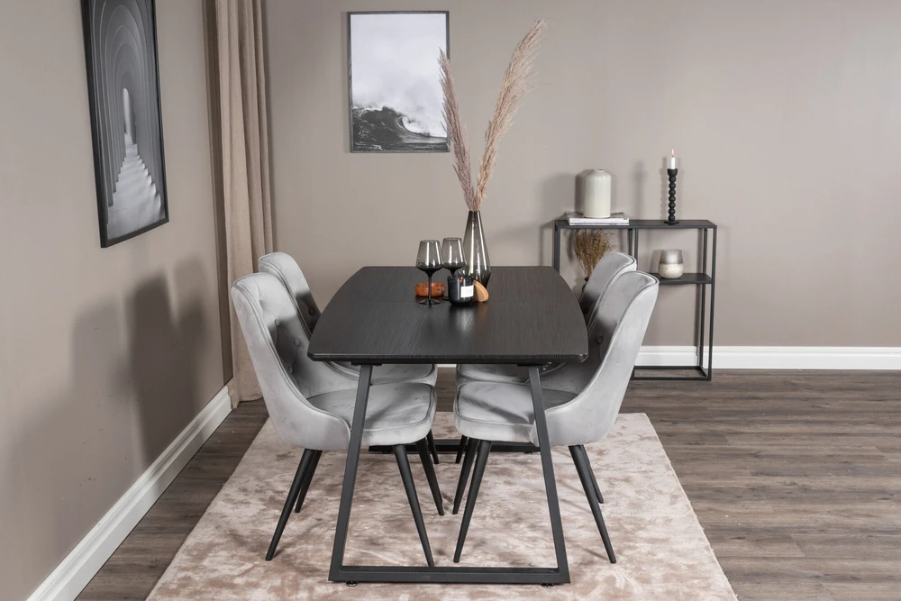 Venture Design Valgomojo stalas, Inka ištraukiamas stalas, 75x160x85 cm, Juodas + kėdė, Velve Deluxe, Šviesiai pilka