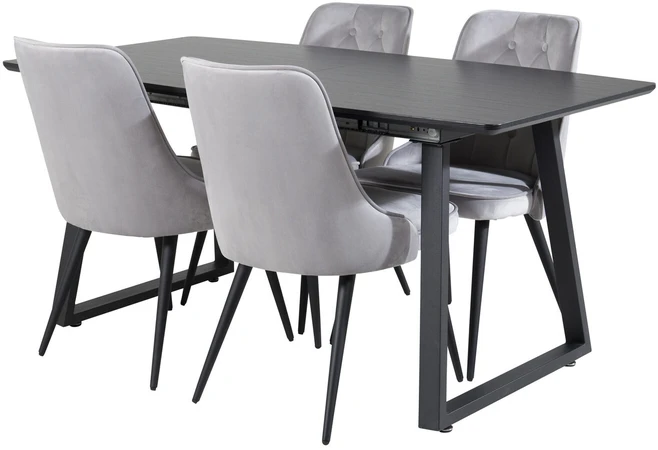 Venture Design Valgomojo stalas, Inka ištraukiamas stalas, 75x160x85 cm, Juodas + kėdė, Velve Deluxe, Šviesiai pilka