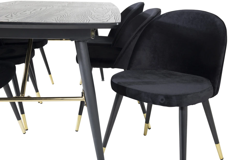 Venture Design Valgomojo stalas ir kėdės rinkinys, aukso spalvos pratęsimas, 180x85 cm ir 57x50 cm, juoda