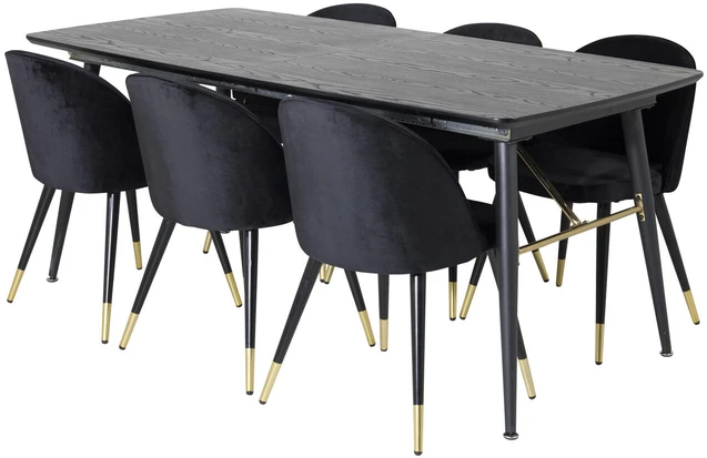 Venture Design Valgomojo stalas ir kėdės rinkinys, aukso spalvos pratęsimas, 180x85 cm ir 57x50 cm, juoda