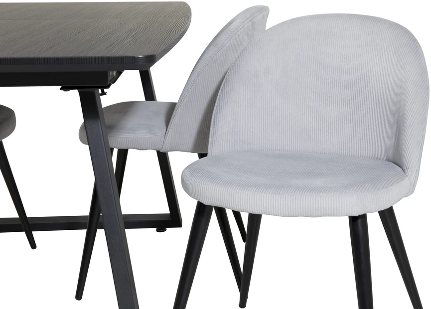 Venture Design Valgomojo stalas ir kėdės komplektas, Inka ir aksomas, stalas: 75x160x85 cm, kėdė: 57x76.5x50 cm, juoda ir šviesiai pilka