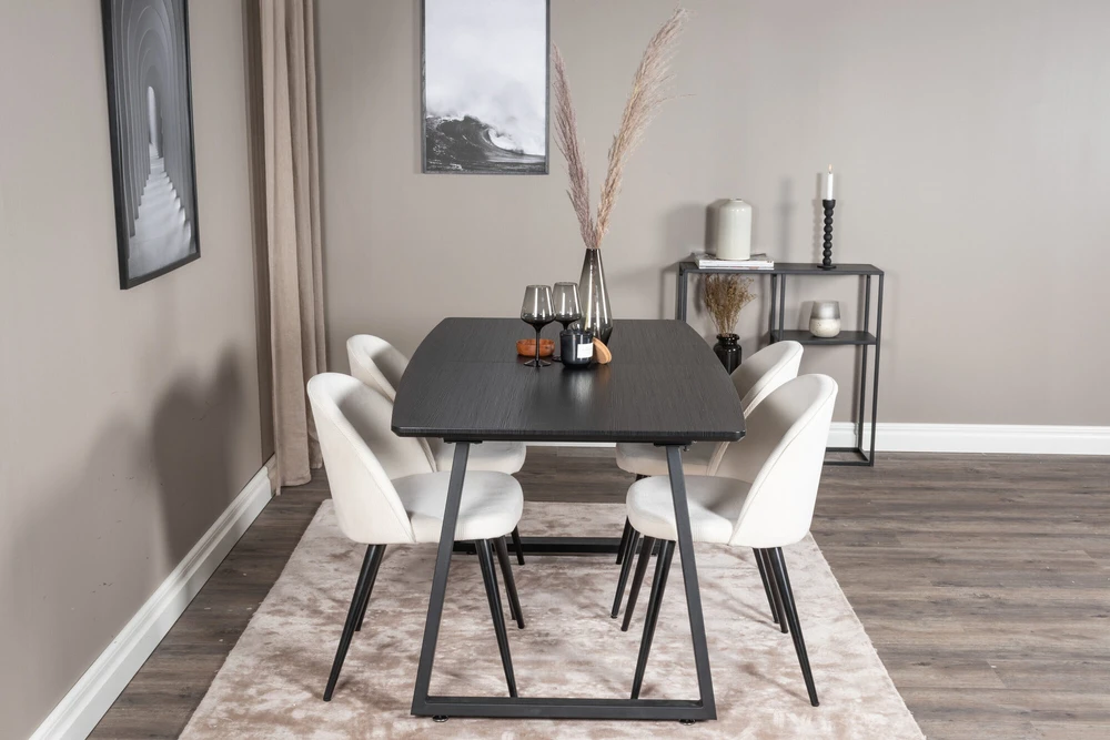 Venture Design Valgomojo stalas ir kėdės rinkinys, Inka ir aksomas, stalas: 75x160x85 cm, kėdė: 57x76.5x50 cm, juoda ir bėžinioji