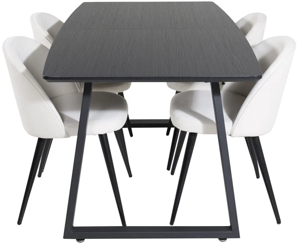 Venture Design Valgomojo stalas ir kėdės rinkinys, Inka ir aksomas, stalas: 75x160x85 cm, kėdė: 57x76.5x50 cm, juoda ir bėžinioji