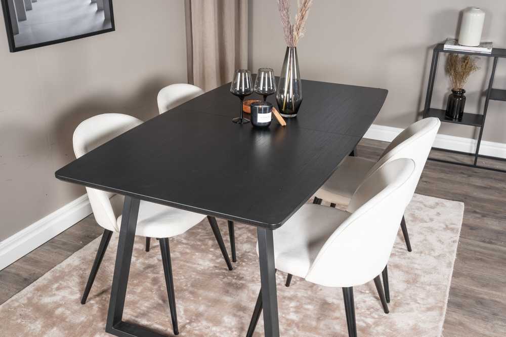 Venture Design Valgomojo stalas ir kėdės rinkinys, Inka ir aksomas, stalas: 75x160x85 cm, kėdė: 57x76.5x50 cm, juoda ir beždžioji