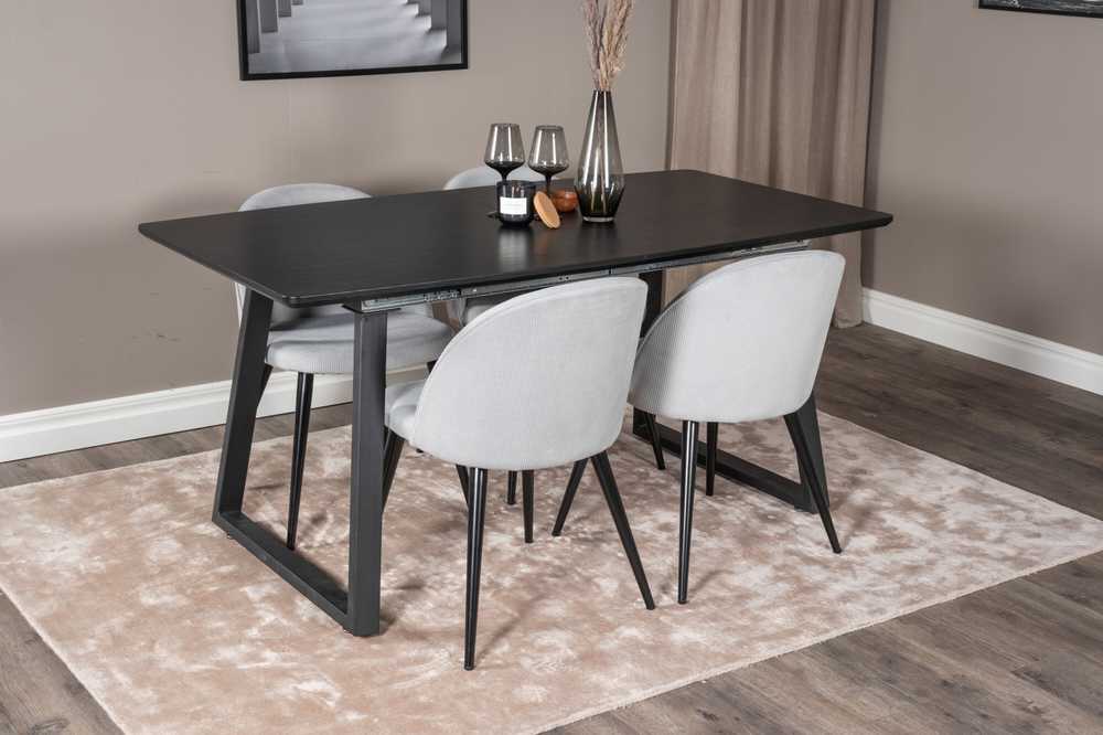 Venture Design Valgomojo stalas ir kėdės komplektas, Inka ir aksomas, stalas: 75x160x85 cm, kėdė: 57x76.5x50 cm, juoda ir šviesiai pilka