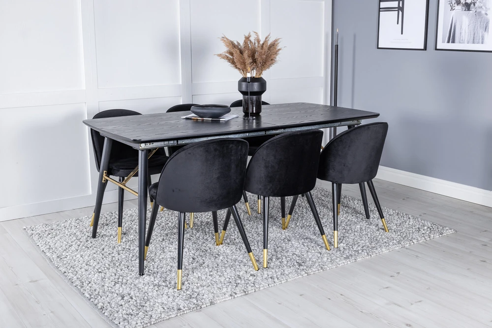 Venture Design Valgomojo stalas ir kėdės rinkinys, aukso spalvos pratęsimas, 180x85 cm ir 57x50 cm, juoda