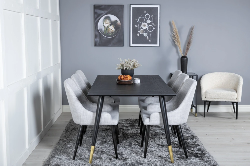 Venture Design Valgomojo stalas ir kėdės rinkinys, Dipp ir Plaza, 180x90 cm, Juoda ir Šviesiai Pilka