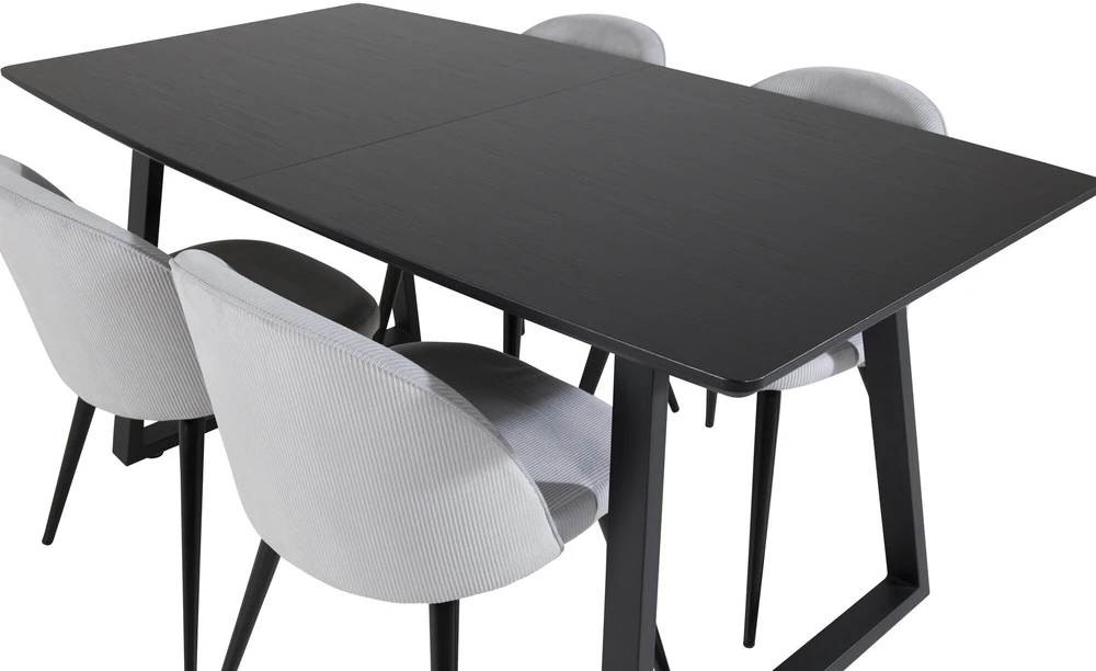 Venture Design Valgomojo stalas ir kėdės komplektas, Inka ir aksomas, stalas: 75x160x85 cm, kėdė: 57x76.5x50 cm, juoda ir šviesiai pilka