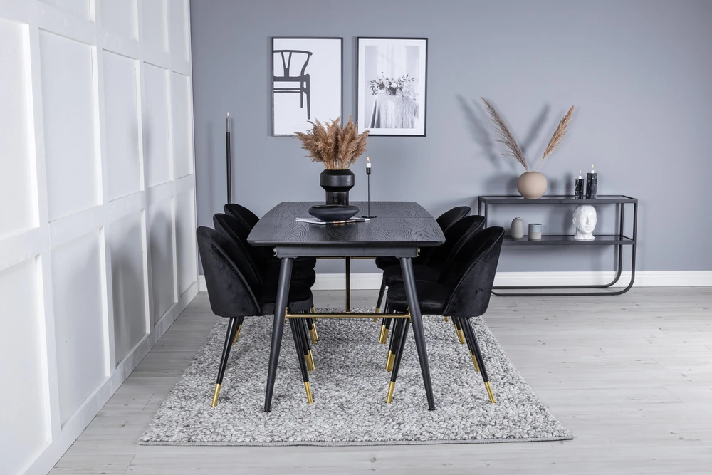 Venture Design Valgomojo stalas ir kėdės rinkinys, aukso spalvos pratęsimas, 180x85 cm ir 57x50 cm, juoda