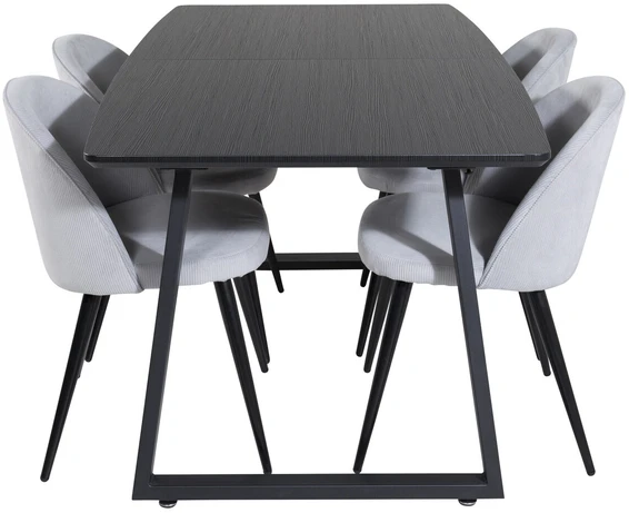 Venture Design Valgomojo stalas ir kėdės komplektas, Inka ir aksomas, stalas: 75x160x85 cm, kėdė: 57x76.5x50 cm, juoda ir šviesiai pilka