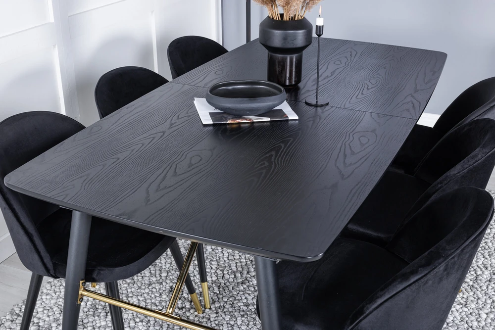 Venture Design Valgomojo stalas ir kėdės rinkinys, aukso spalvos pratęsimas, 180x85 cm ir 57x50 cm, juoda