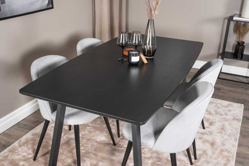 Venture Design Valgomojo stalas ir kėdės komplektas, Inka ir aksomas, stalas: 75x160x85 cm, kėdė: 57x76.5x50 cm, juoda ir šviesiai pilka
