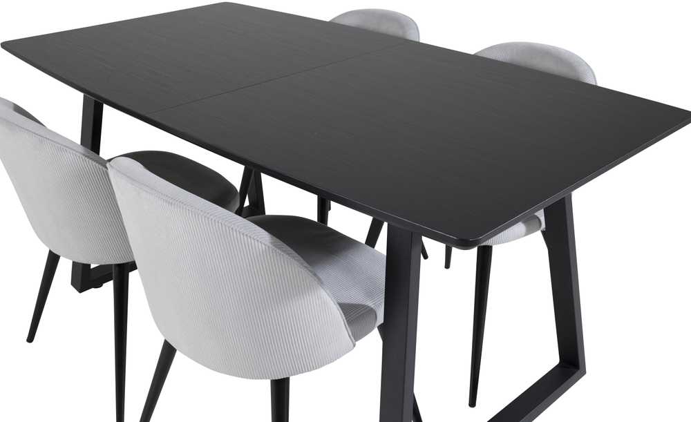 Venture Design Valgomojo stalas ir kėdės komplektas, Inka ir aksomas, stalas: 75x160x85 cm, kėdė: 57x76.5x50 cm, juoda ir šviesiai pilka
