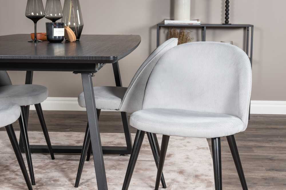 Venture Design Valgomojo stalas ir kėdės komplektas, Inka ir aksomas, stalas: 75x160x85 cm, kėdė: 57x76.5x50 cm, juoda ir šviesiai pilka