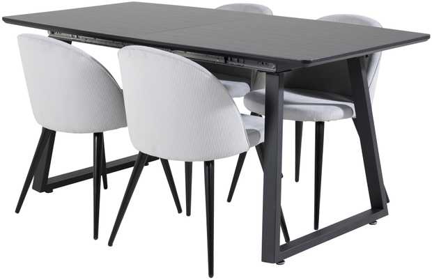 Venture Design Valgomojo stalas ir kėdės komplektas, Inka ir aksomas, stalas: 75x160x85 cm, kėdė: 57x76.5x50 cm, juoda ir šviesiai pilka