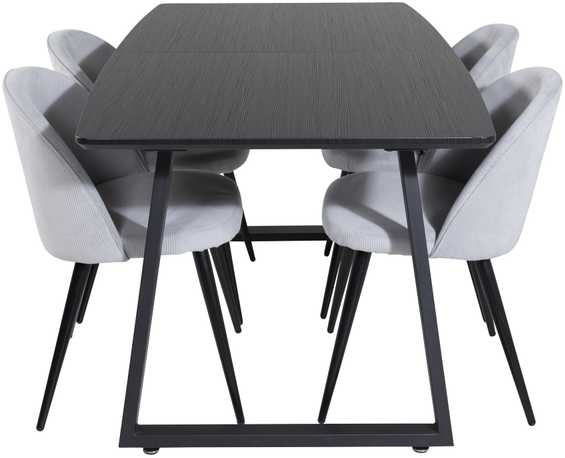 Venture Design Valgomojo stalas ir kėdės komplektas, Inka ir aksomas, stalas: 75x160x85 cm, kėdė: 57x76.5x50 cm, juoda ir šviesiai pilka
