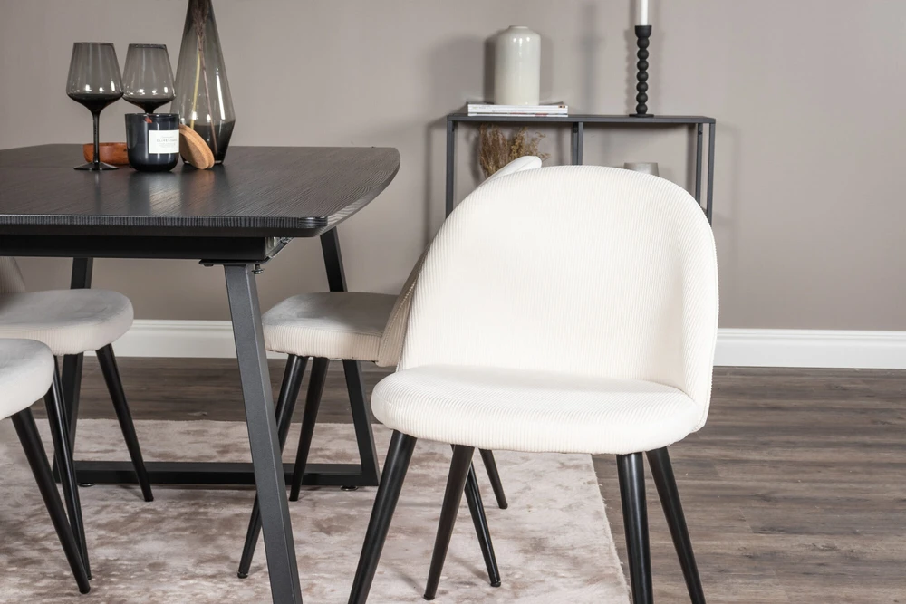 Venture Design Valgomojo stalas ir kėdės rinkinys, Inka ir aksomas, stalas: 75x160x85 cm, kėdė: 57x76.5x50 cm, juoda ir bėžinioji