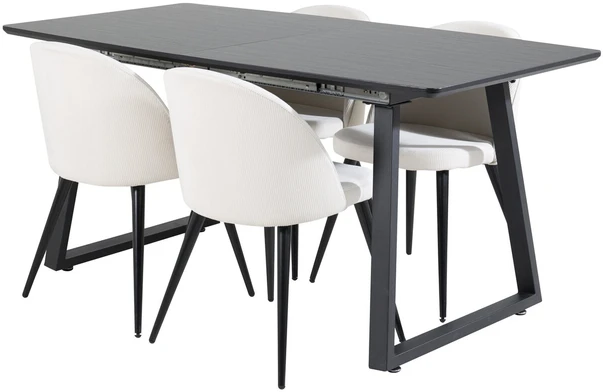 Venture Design Valgomojo stalas ir kėdės rinkinys, Inka ir aksomas, stalas: 75x160x85 cm, kėdė: 57x76.5x50 cm, juoda ir bėžinioji