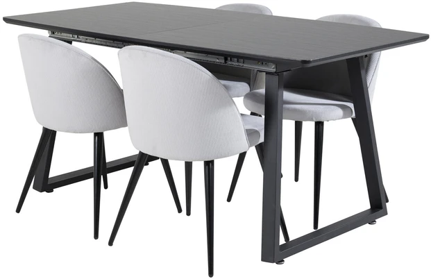 Venture Design Valgomojo stalas ir kėdės komplektas, Inka ir aksomas, stalas: 75x160x85 cm, kėdė: 57x76.5x50 cm, juoda ir šviesiai pilka