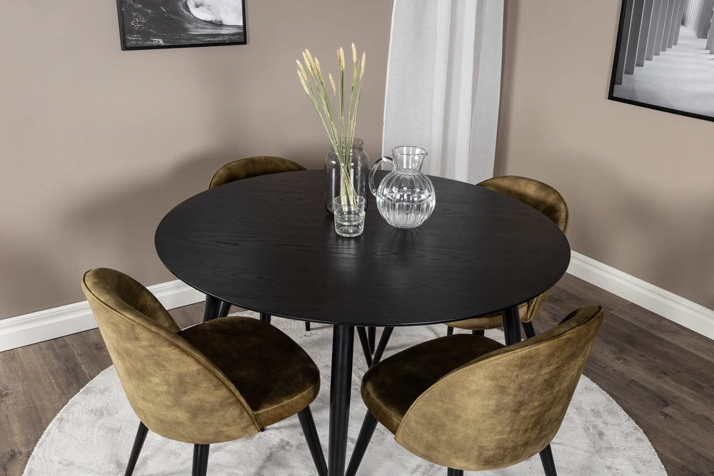 Venture Design Valgomojo stalas ir kėdės rinkinys, Dipp ir aksomas, 115cm ir 57x76.5x50 cm, Juoda ir dulkių žalia