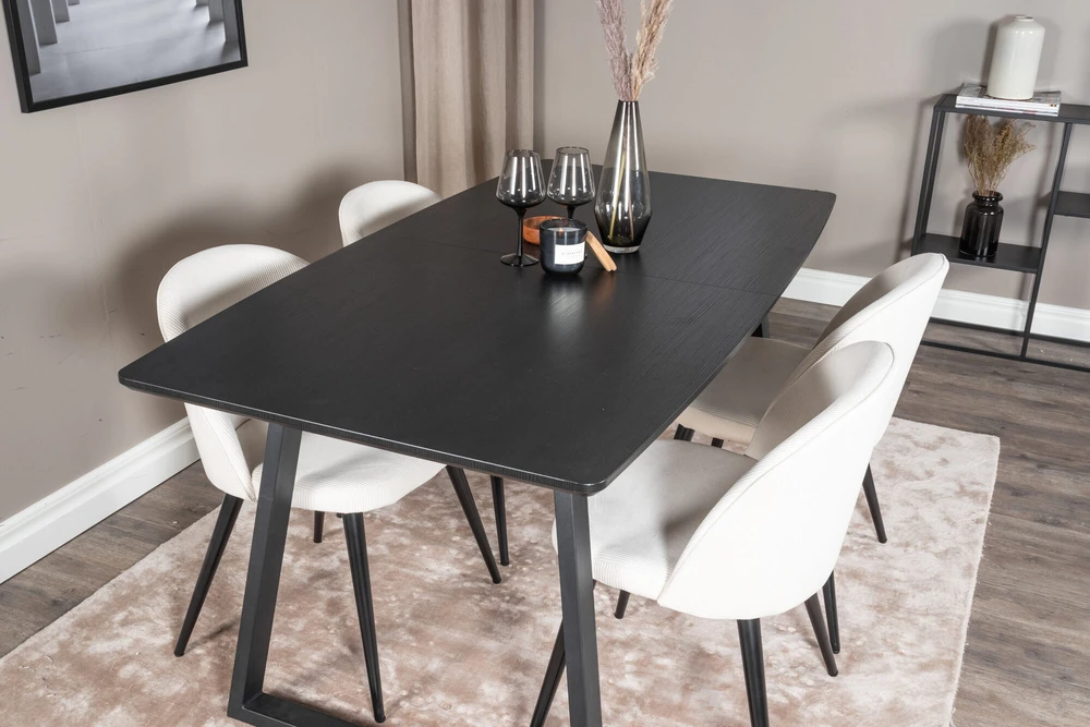 Venture Design Valgomojo stalas ir kėdės rinkinys, Inka ir aksomas, stalas: 75x160x85 cm, kėdė: 57x76.5x50 cm, juoda ir bėžinioji