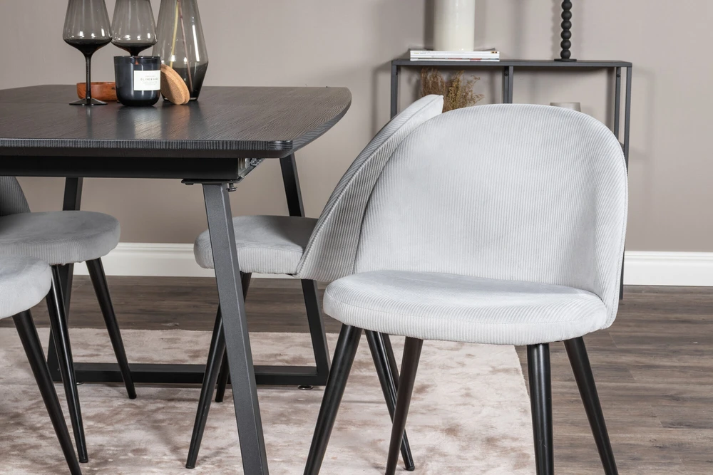 Venture Design Valgomojo stalas ir kėdės komplektas, Inka ir aksomas, stalas: 75x160x85 cm, kėdė: 57x76.5x50 cm, juoda ir šviesiai pilka