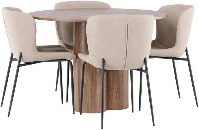 Venture Design Valgomojo stalas ir kėdžių komplektas Olivia valgomojo stalas su Modesto kėdėmis 110 cm, moka spalva ir smėlio spalvos audinys