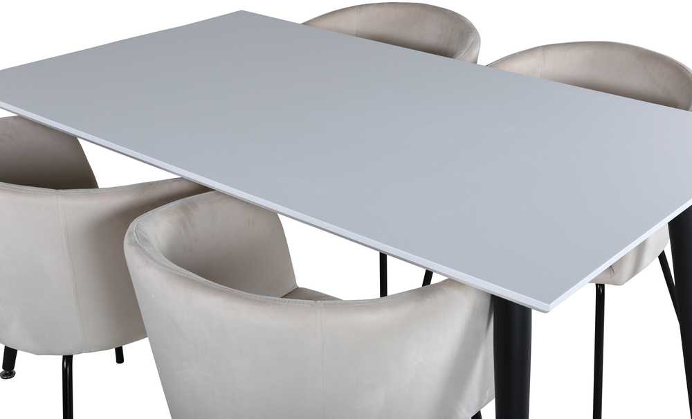 Venture Design Valgomojo stalas ir kėdžių komplektas Jimmy valgomojo stalas 150x90x76 cm juodas baltas Berit kėdė 55x55x78 cm juoda smėlio spalvos veliūras
