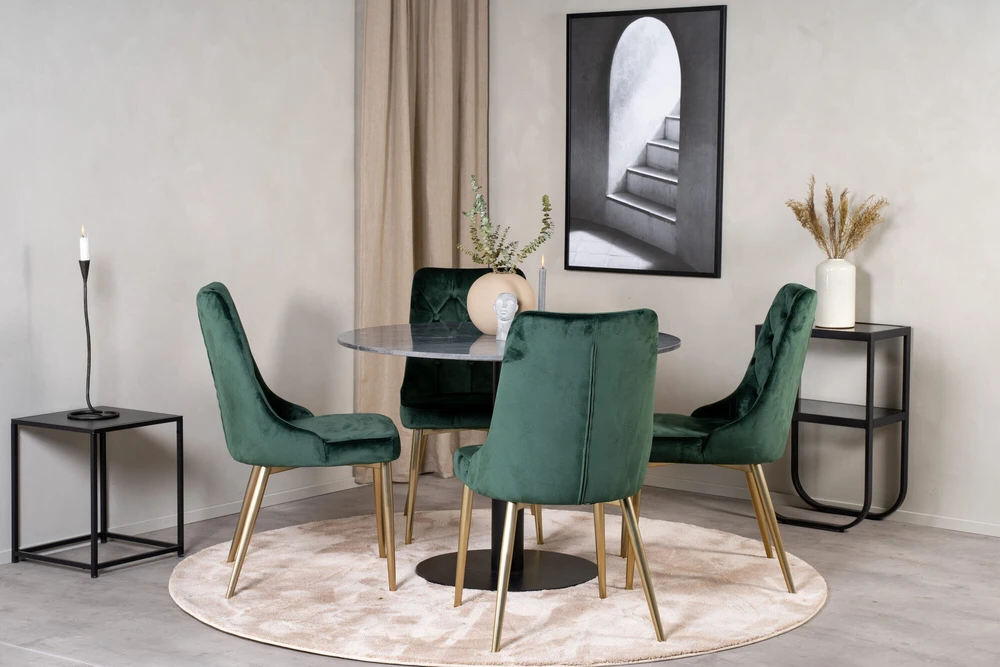 Venture Design Valgomojo stalas ir kėdžių komplektas, Estelle ir aksominis, ø106xA75 cm ir 66x88.5x50 cm, Juoda ir samaninė.