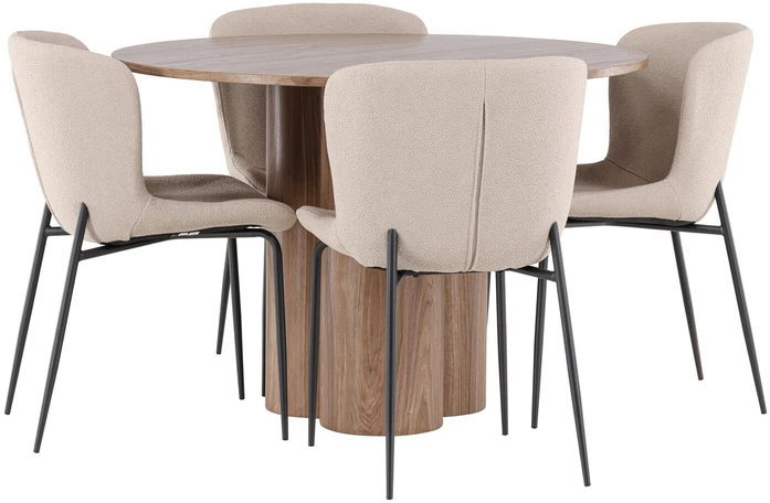 Venture Design Valgomojo stalas ir kėdžių komplektas Olivia valgomojo stalas su Modesto kėdėmis 110 cm, moka spalva ir smėlio spalvos audinys