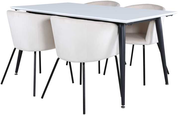 Venture Design Valgomojo stalas ir kėdžių komplektas Jimmy valgomojo stalas 150x90x76 cm juodas baltas Berit kėdė 55x55x78 cm juoda smėlio spalvos veliūras