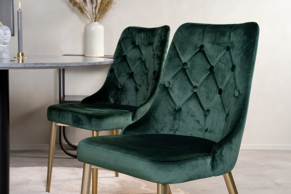 Venture Design Valgomojo stalas ir kėdžių komplektas, Estelle ir aksominis, ø106xA75 cm ir 66x88.5x50 cm, Juoda ir samaninė.