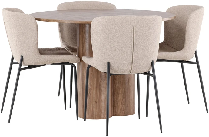 Venture Design Valgomojo stalas ir kėdžių komplektas Olivia valgomojo stalas su Modesto kėdėmis 110 cm, moka spalva ir smėlio spalvos audinys