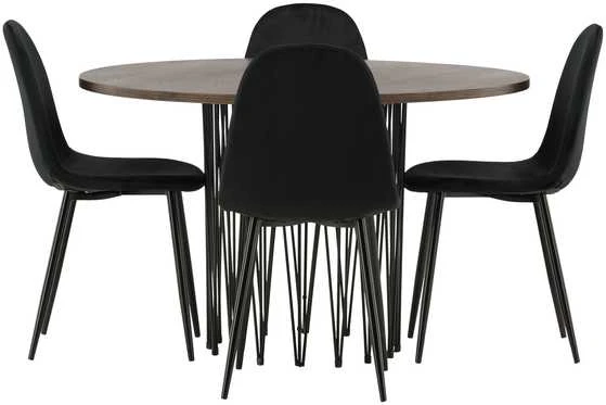 Venture Design Valgomojo stalas ir kėdžių komplektas, akmens juodos/mokos faneruotės stalas, juodos aksominės kėdės