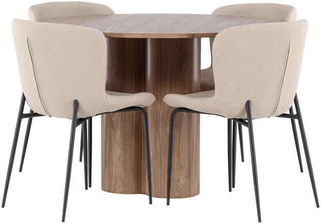Venture Design Valgomojo stalas ir kėdžių komplektas Olivia valgomojo stalas su Modesto kėdėmis 110 cm, moka spalva ir smėlio spalvos audinys